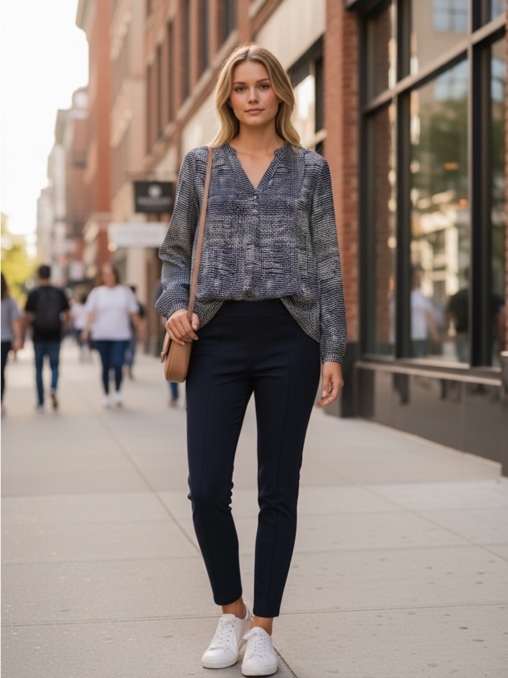 Nine Britton Navy V-neck Long Balloon Sleeve Blouse Top NWT Women's Patterned